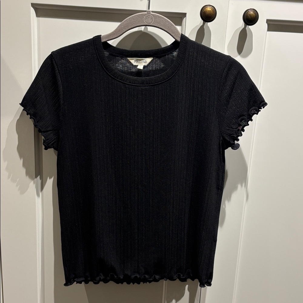 Madewell Black Ribbed Semi-sheer T w Scalloped Sleeves and Hem